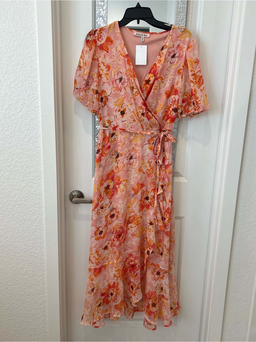 Floral Pink Faux Wrap Midi Dress with Tie Waist